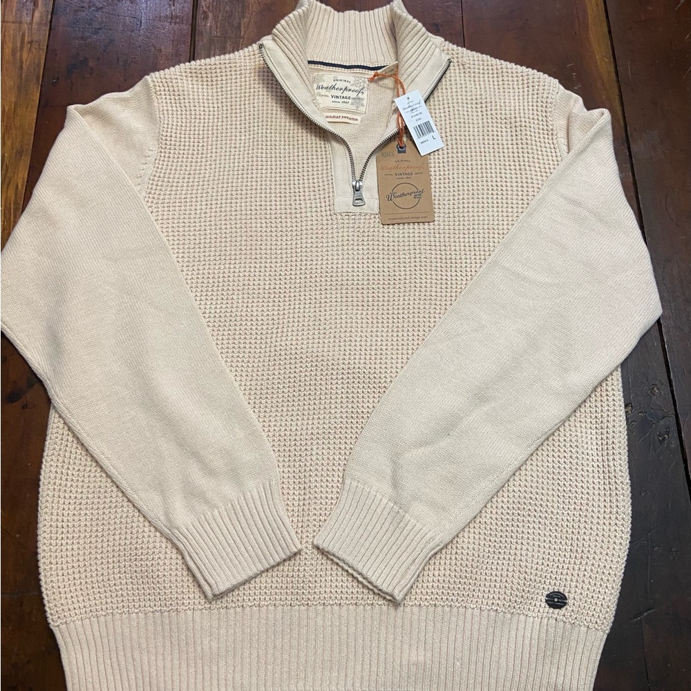 Cotton Beige Quarter Zip Mens Sweater - NEW WITH TAGS - Size L